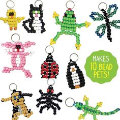 an assortment of beaded key chains with the words make 10 bead pets on them