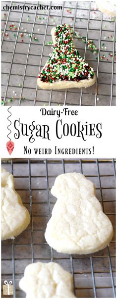 sugar cookies with sprinkles are cooling on a wire rack and the words dairy free sugar cookies no weird ingredients