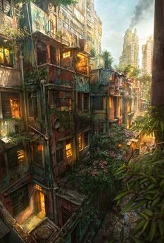 an old city with lots of windows and plants growing out of the top of it