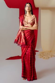 Red saree with floral stripe woven motifs and tassel border. Comes with unstitched blouse piece. - Aza Fashions Red Pre-draped Saree With Unstitched Blouse In Cotton Silk, Red Cotton Silk Blouse With Traditional Drape, Fitted Slub Silk Pre-draped Saree For Diwali, Red Fitted Raw Silk Pre-draped Saree, Red Slub Silk Saree With Unstitched Blouse, Red Cotton Silk Blouse For Festive Season, Festive Red Blouse In Cotton Silk, Festive Red Cotton Silk Blouse, Red Handloom Chanderi Blouse