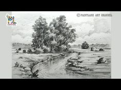 a pencil drawing of a river with trees in the background