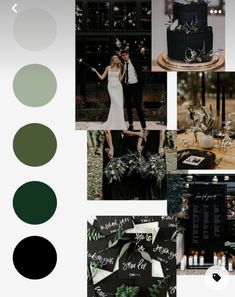 a collage of black, green and white wedding color palettes with greenery