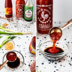 the process of making barbecue sauce is shown in three different pictures, including spoons and bottles