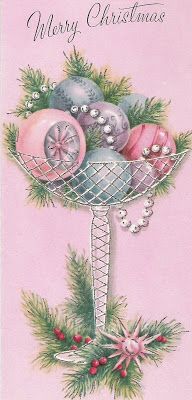 an old fashioned christmas card with ornaments and pine cones on it's side, in pink