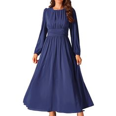 Crafted from 94% Polyester and 6% Spandex, this dress offers a lightweight and breathable feel, making it suitable for any season. The design features lantern long sleeves, a round neck, high waist, pleated front, and a side zipper for a perfect fit. The chiffon fabric adds a touch of sophistication, making it ideal for formal parties, weddings, proms, and other special occasions. The long sheer puff sleeves and flowy long-length skirt enhance its elegant appeal. This maxi formal A-line dress is Blue Flowy Long Sleeve Chiffon Dress, Flowy Long Sleeve Blue Chiffon Dress, Flowy Blue Chiffon Midi Dress, Flowy Blue Chiffon Dress With Long Sleeves, Blue Midi-length Chiffon Dress, Blue Fitted Long Sleeve Chiffon Dress, Blue Chiffon Dress For Fall, Casual Blue Long Sleeve Chiffon Dress, Fitted Chiffon Dress