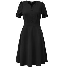 In a timeless classic design, this special and elegant dress adds to your choice for the upcoming seasons. Breathable and nice quality material perfectly draws out your waistline and elongates your legs. Pair it with high heels, and you can build an urban chic elegant business lady look. Occasions: Work, Office, Urban Casual, Coffee Shop, Daily, Date, Business, Formal, Ceremony, Weekend, etc. Black Knee-length Mini Dress For Business, Black Knee-length Business Dress, Black Knee-length Buttoned Dress, Black Button-up Mini Dress For Work, Black Knee-length V-neck Office Dress, Flared Dresses, Business Lady, Business Formal, Office Dresses