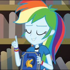 the rainbow - haired girl is holding a book and pointing to it with her finger