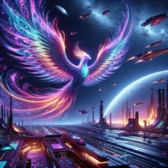 an image of a bird flying over a city at night with neon lights and planets in the background