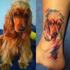 two pictures one with a dog and the other has a watercolor tattoo on it