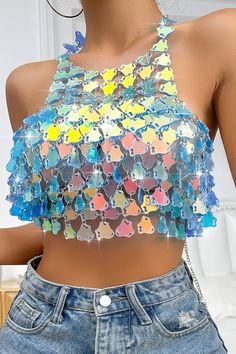 Light Blue Sexy Patchwork See-through Backless O Neck Tops Short Sequin Skirt, Sequin Halter Top, Halter Bra Top, Green Sequin Dress, Rhinestone Skirt, White Sequin Dress, Red Sequin Dress, Pink Sequin Dress, Sequin Bodysuit