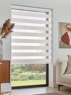 a living room scene with focus on the blinds