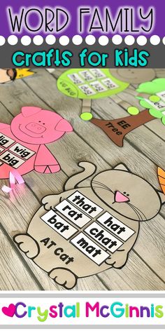 the word family crafts for kids is shown on a wooden table with text overlay