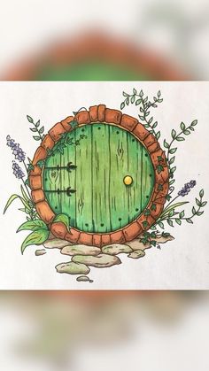 a drawing of a green door surrounded by rocks and plants