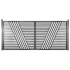 a black and white photo of an iron gate with diagonal stripes on it, against a white background