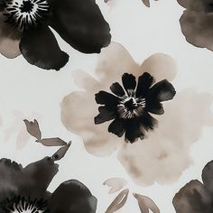 black and white flowers are painted on a wallpaper with watercolors in the background