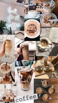 coffee collage with different types of cups and saucers