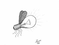 a drawing of a light bulb with a mosquito on it's back and wings