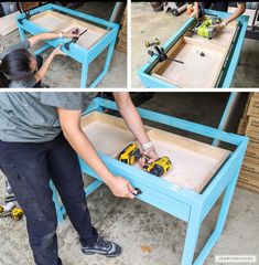 a woman is working on a table with drawers and drill holes in the bottom half