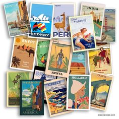 many different vintage travel posters are stacked together in this collage with the names of famous places