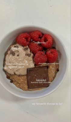 a bowl filled with oatmeal, raspberries and chocolate