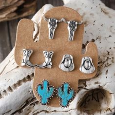 Brand New! Set For 4 Stud Earrings Western, Bohemian, Cowgirl Style One Is A Marble Turquoise Look Skull, Boots, Hats, And Cactus Zinc Alloy Extra Backings. As Pictured Above. Western Earrings Cheekys Boutique, Wetsern Earrings, Western Cactus Earrings, Southwest Gifts, Western Earring, Cactus Hat, Skull Cowboy, Boho Vintage Style, Antique Silver Earrings