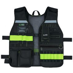 an image of a safety vest with pockets and zippers on the front, in black and neon green