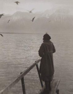 a person standing on a dock looking at birds flying over the water and mountains in the distance