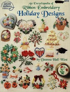 the cover of an embroidery book with many different designs on it and flowers, hats, and