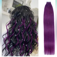 Purple 10pcs 20 Inch Human Hair Extensions Tape In, Real Straight Tape Ins Seamless Skin Remy Tape In Hair Extensions Human Hair(Purple#, 20 Inch) Straight Tape Ins, Tape Ins, Blonde Ponytail, Messy Curls, Champagne Blonde, Halo Hair Extensions, European Hair, Hair Extentions, Dreadlock Extensions