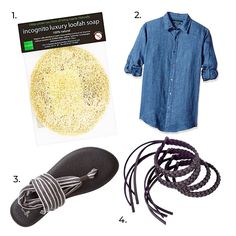 an assortment of items that include sandals, slippers and denim shirt with tags on them