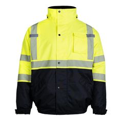 This high visibility safety jacket provides weather protection and enhanced visibility in cold and low-light environments. Ideal for repetitive use and hard work, it is made with a heavy-duty polyester fabric and is fleece-lined both in the jacket itself and the hoodie for added comfort and warmth. The jacket's hoodie is detachable, it can be removed via a zipper for added versatility. Heat-transfer segmented reflective tapes offer 360 degrees of improved visibility in low-light and foggy enviro Yellow Weatherproof Nylon Outerwear, Reflective Long Sleeve Winter Windbreaker, Winter Reflective Long Sleeve Windbreaker, Functional Yellow Windproof Windbreaker, Yellow Waterproof Winter Outerwear, Reflective Hooded Nylon Outerwear, Functional Reflective Winter Outerwear, Yellow Weatherproof Windbreaker For Winter, Yellow Weatherproof Winter Outerwear