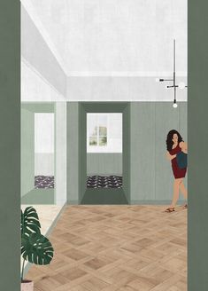 a woman is walking through an empty room