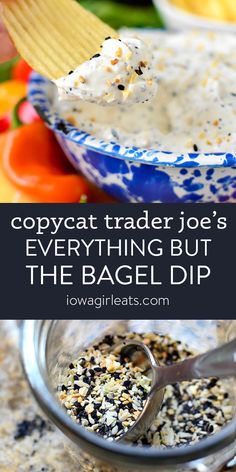 an image of a bowl of food with text overlay that reads copycat trader joe's everything but the bagel dip