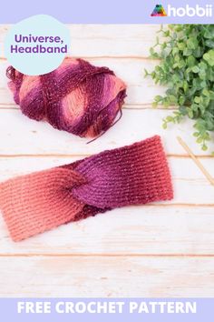 two crochet headbands on a wooden table with flowers and plants in the background