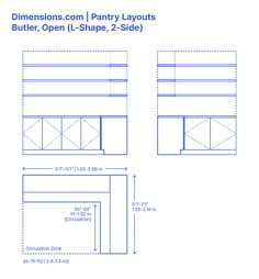 an image of the measurements for a party layouts butter, open l - shape 2 - side