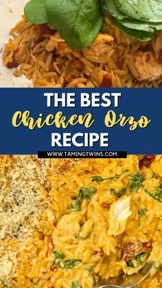 the best chicken orzo recipe with spinach leaves on top and an image of rice in