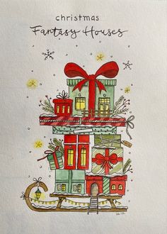 a christmas card with an image of a house and presents on the top of it