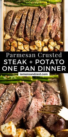 steak, potatoes and asparagus in a pan with text overlay that reads simple sheet pan parmesan crusted steak dinner