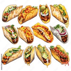 several tacos with different toppings are shown in this drawing, and one has been drawn