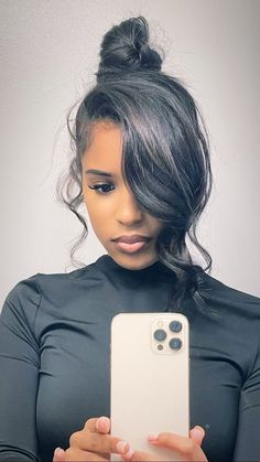 Sleek Bun Black Women Weave, Protective Hairstyle With Braiding Hair, Up Styles For Black Women, Simple Sleek Hairstyles, Black Woman Updo Hairstyles, Simple Pony Hairstyles, Easy Pin Up Hairstyles, Maternity Hairstyles, Messy Updo Black Women