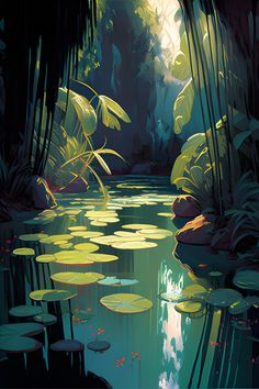 a painting of water lilies floating in a pond surrounded by trees and plants with sunlight shining through the leaves