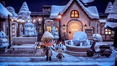 two cartoon characters standing in front of a house with snow on the ground and trees