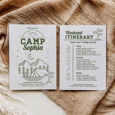 two pamphlets sitting on top of a blanket next to each other, with the words camp sophia written in green