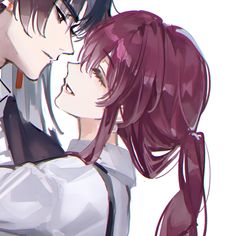 two anime characters are kissing each other in front of a white background with red hair