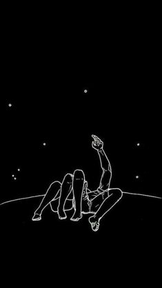 a drawing of two people sitting on top of a black surface with stars in the background