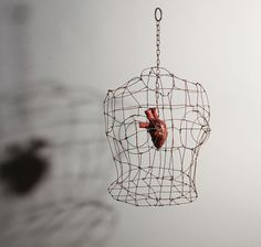 a bird is hanging from a wire cage with a heart on it's side