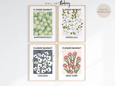 Flower Market Print Set with Flower Market Poster New York Chicago Honolulu and San Francisco, Aesthetic Flower Market Poster Bundle, Set of 4 Trendy Wall Art, Colorful Gallery Wall Art Set for Apartment Decor or Housewarming Gift