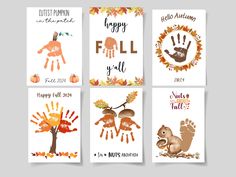 four thanksgiving cards with hand prints and autumn leaves