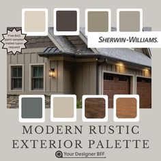 Modern Rustic Exterior Sherwin Williams Paint Palette: Warm and Contemporary - Etsy Rustic Modern Paint Palette, Virtual Taupe Sherwin Williams, Sherwin Williams Mushroom Paint Color, Indoor House Paint Colors, Shiitake Sherwin Williams, Urban Bronze Exterior House, Modern Rustic Exterior, Iron Ore Sherwin Williams Exterior, Sherwin Williams Exterior Paint Colors