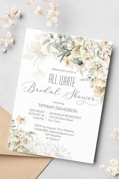 All white bridal shower silver white sage floral invitation template for white themed bridal shower White Bridal Shower Theme, White Floral Invitation, Bridal Shower White, Bridal Shower Luncheon, Floral Invitations Template, White Bridal Shower, Themed Bridal Shower, Bridal Shower Inspiration